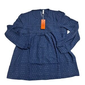 Falechay Women's Blue Babydoll Peasant Long Sleeve Swiss Dot Top Blouse‎ Size L
